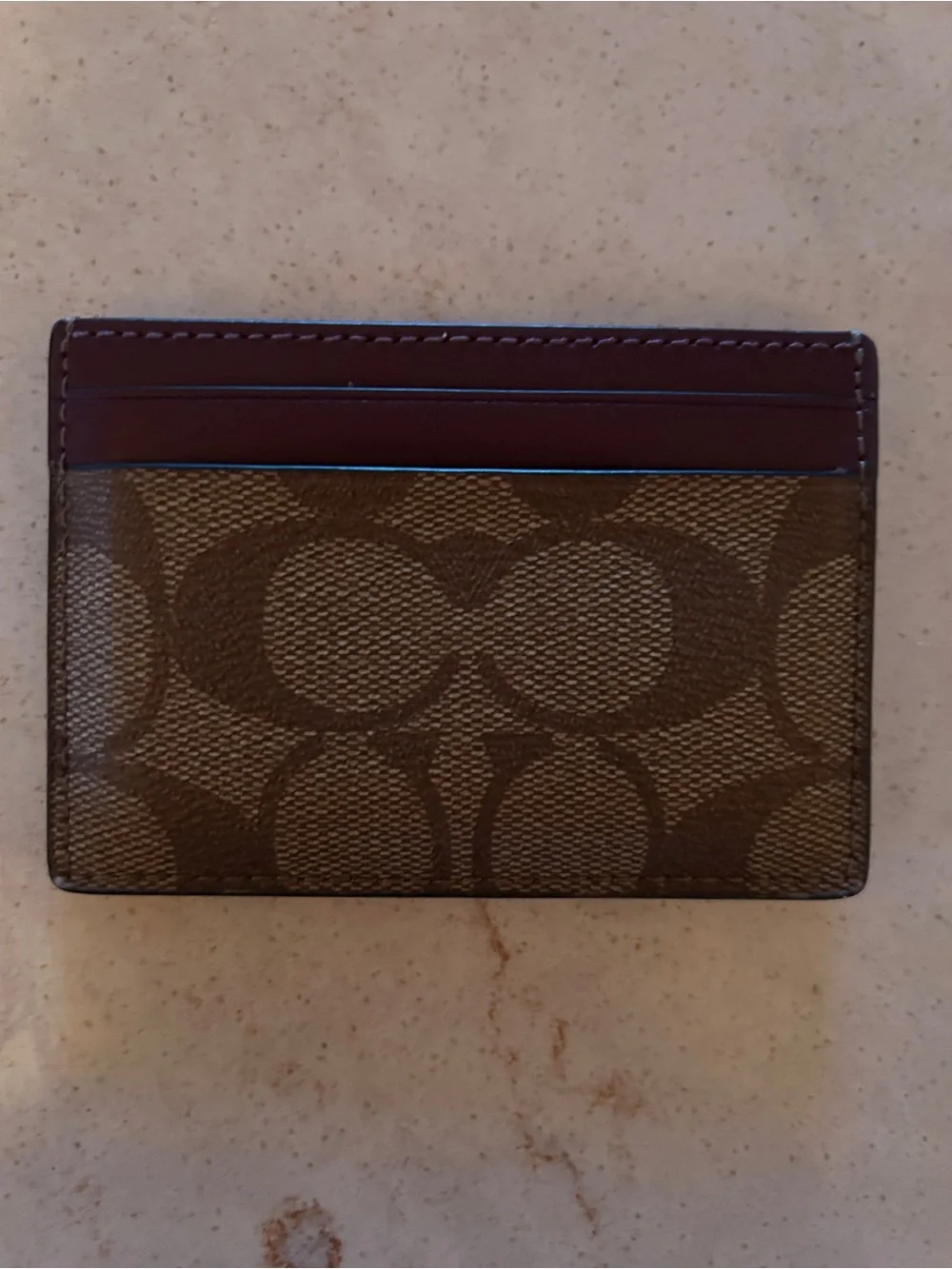 Coach Brown Signature Canvas Card Holder with Purple&Chestnut Leather